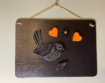 Ceramic Fridge Magnets, Black Bird, Orange Hearts, Fall Decor, Set of 5