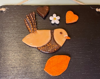Autumn Ceramic Fridge Magnets, Bird, Flower, Leaf, Hearts, Set of 5