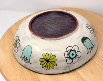 Handmade Floral Sgraffito Pasta Bowl | Terracotta Stoneware