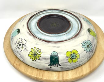 Handmade Floral Sgraffito Ceramic Serving Bowl | Terracotta Kitchen Decor