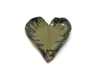 Handmade Ceramic Leaf Dish: Olive Green Trinket Tray, Spoon Rest