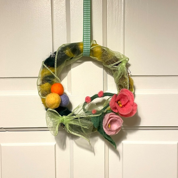 Easter Wreath with wool felted flowers and colourful balls decoration /Handmade hanging decor