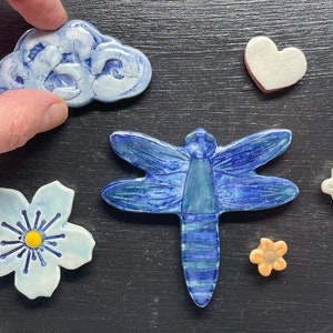 Cobalt blue Dragonfly with blue, orange and white flowers ceramic fridge magnet set / magnetic canvas