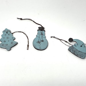 Handmade Light Blue Ceramic Christmas Ornaments Set - Hat, Snowman, Tree, Winter Holiday Decor