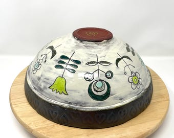Handbuilt Ceramic Bowl - Hand-Painted Botanical Design - Rustic Terracotta Stoneware