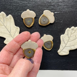 Handmade ceramic acorns and autumn oak leaves magnet set / Artisan Etsy Decor with magnetic black board