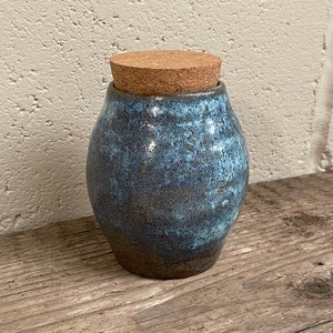 Handmade Ceramic Pottery Container | Vintage look Blue & Brown | Cork Lid
