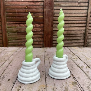 White ceramic candle stick holder with handle made from grey clay