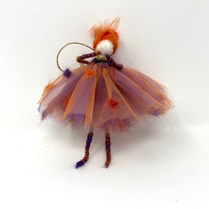 Orange and purple ballerina handmade wool felted hanging tree decoration / ballerina in floral skirt