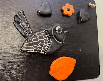 Ceramic Fridge Magnets, Autumn Decor, Singing Bird, Hearts, Flower, Leaf Set