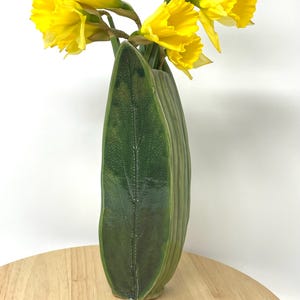 Può includere: Un vaso in ceramica verde a forma di foglia con superficie testurizzata. Il vaso è pieno di narcisi gialli.