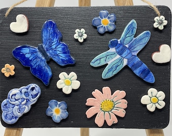 Cobalt blue handmade ceramic butterfly and dragonfly magnets in a set with flowers and a cloud / Artisan Etsy Decor