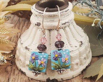Spring Blossoms Artisan Glass Earrings, Lampwork Glass Bead by Grace Lampwork Beads, Silver Filled Earring Wire