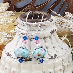Colorful Mosaic Artisan Glass Earrings, Lampwork Glass Bead handcrafted by a talented artisan, Silver Filled Earring Wire