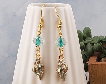 Blue Seashell Earrings, Gold Plated Earring Wire