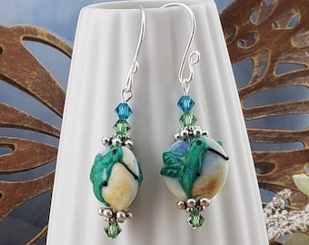 SF Hummingbird in Flight Artisan Glass Earrings, Lampwork Glass Bead handcrafted by a talented artisan, Silver Filled Earring Wire