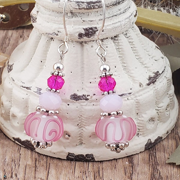 Tickle me Pink Artisan Glass Earrings, Lampwork Glass Bead by Grace Lampwork Beads, Sterling Silver Earring Wire