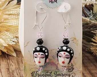 Beautiful Porcelain Face Artisan Glass Earrings, , Silver Filled Kidney Style Earring Wire