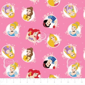 Forever Princess- Princess in Circles by the half yard. 100% Cotton.  PRINCESS ARIEL, BELLE,  Snow White, Cinderella, Rapunzel