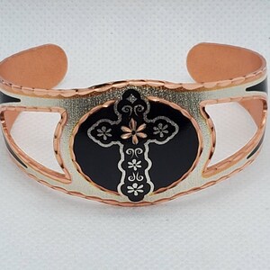 CB - Flower Cross Bracelet - Beautiful adjustable COPPER cuff bracelet. Religious Jewelry.