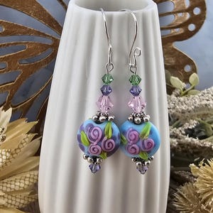 SF Fairywine Blossoms Artisan Glass Earrings, Lampwork Glass Bead by a talented artisan, Silver Filled Earring Wire