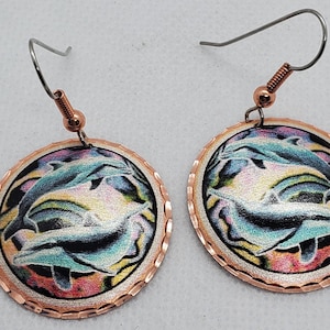 CEA - Beautiful Dolphins COPPER earrings - Surgical Steel Hypo Allergenic Earwires.