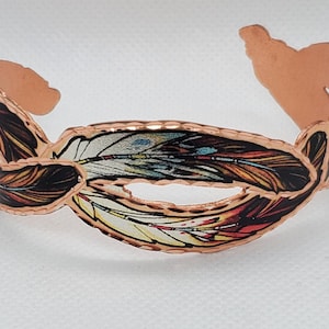 BR - Cut Out Colorful Copper Feather Bracelet - Beautiful adjustable COPPER cuff bracelet.