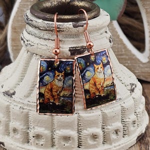 CEA - Starry Nights Yellow Tabby Cat Celestial Dangly Earring - Surgical Steel Hypo Allergenic Earwires.
