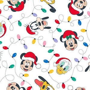 Mickey and Friends Lights Christmas Fabric by the half yard. 100% cotton.