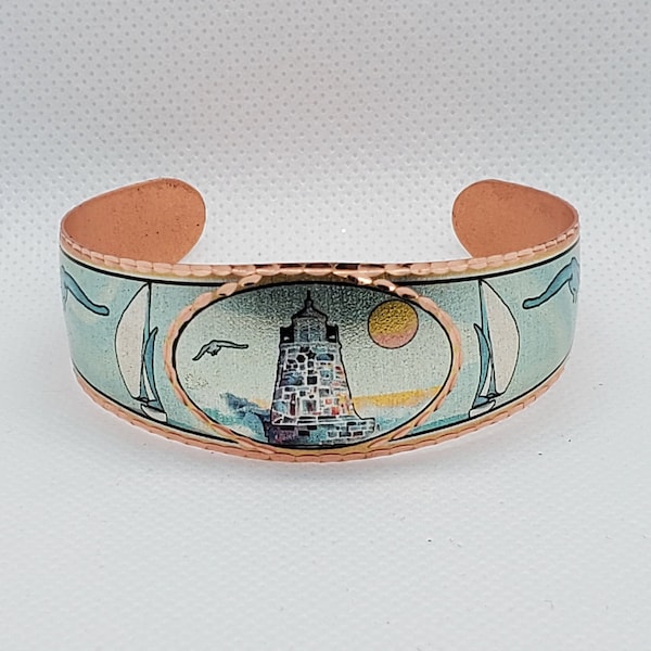 Br - SAILBOAT and LIGHTHOUSE - Beautiful adjustable COPPER cuff bracelet.  Ocean/Seashore Jewelry.