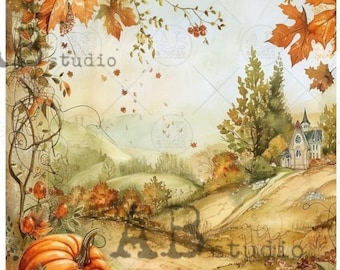 A4 Fall Country Scene with Pumpkins Rice Paper