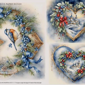 Papier de riz bleu trio coeurs de Noël A4 - Noël