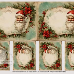 May include: A printable sheet of vintage-style Christmas gift tags featuring a jolly Santa Claus with a red hat and white beard. The tags are decorated with holly, berries, and poinsettia flowers. The tags are ready to be printed and used for gifts.