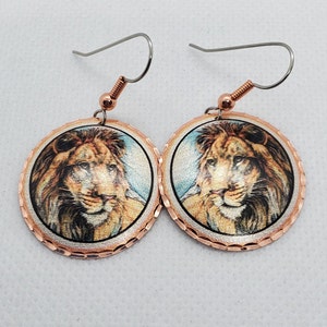 CEA - Beautiful Lion COPPER earrings - Surgical Steel Hypo Allergenic Earwires.