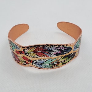 BR - Colorful Native Inspired Copper Feather - Beautiful adjustable COPPER cuff bracelet.