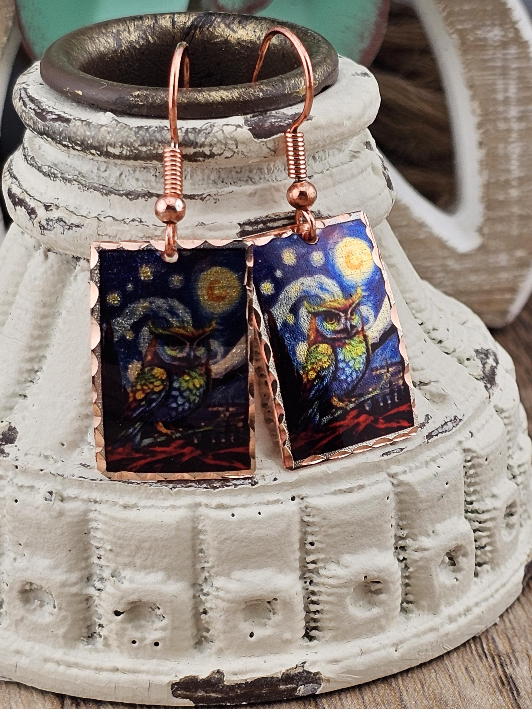 CE - Starry Night Owl Celestial Earrings - Surgical Steel Hypo Allergenic Earwires.