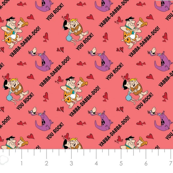 Flintstones Pun Love Valentines Day Fabric by the half yard. 100% Cotton. Fred Wilma Barney Betty Dino