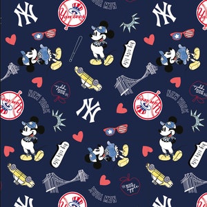 Disney Mash-Up Yankees Baseball Fabric by the half yard. 100% Cotton.  YANKEES MICKEY BASEBALL Limited Edition