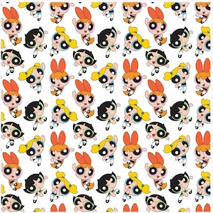 Może przedstawiać: Wzór bez szwów z kreskówkowymi postaciami Powerpuff Girls, Blossom, Bubbles i Buttercup w różnych pozach na białym tle.