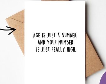 May include: A white card with the text "AGE IS JUST A NUMBER, AND YOUR NUMBER IS JUST REALLY HIGH."  The card is sitting on a brown envelope.  The text "Digital Card" is on a purple circle with a graphic of candles.