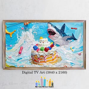 May include: A colorful birthday cake with a white frosting and sprinkles, topped with a strawberry and a small shark figurine. The cake is surrounded by blue and white waves and a shark fin.