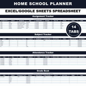 May include: A digital home school planner spreadsheet with multiple tabs for assignment, subject, attendance, and grade tracking. The spreadsheet is designed for Excel and Google Sheets, with a circular graphic indicating 14 tabs.