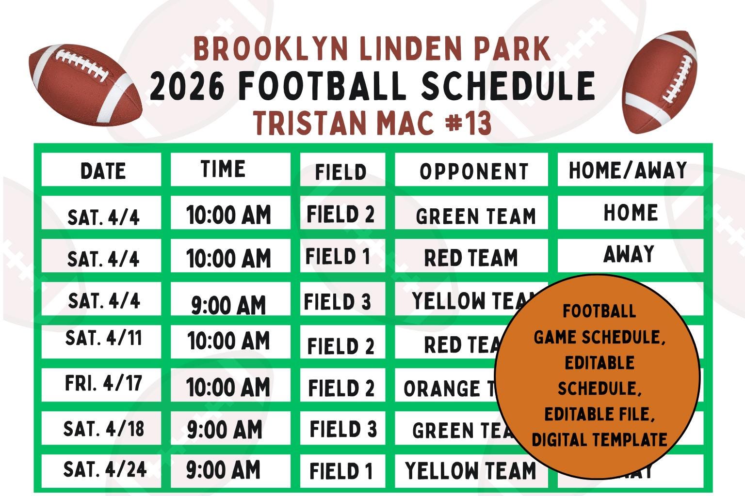 FOOTBALL Game Schedule Printable | Editable Practice Template | Digital ...