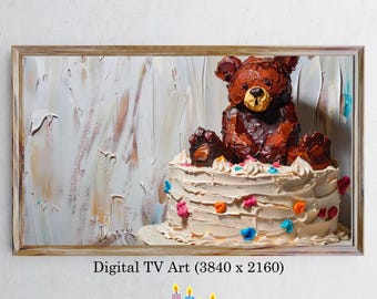 Marco de TV con temática de osito de peluche para celebrar un pastel de cumpleaños / Arte de TV para fiestas / Descarga instantánea para marco de TV