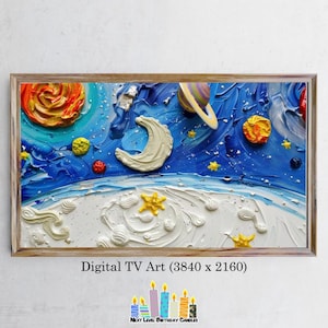 May include: A digital painting of a night sky with a crescent moon, stars, and planets. The painting is done in a thick, textured style, with bright colors and bold strokes. The text "Digital TV Art (3840 x 2160)" is at the bottom of the image.