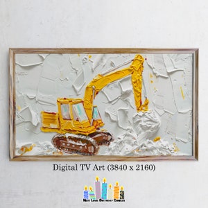May include: A yellow excavator with a white background. The excavator is painted in a thick, textured style, giving it a 3D effect. The excavator is digging into the white background, and the image is framed in a wooden frame.