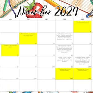 Peut inclure: Un calendrier jaune pour novembre 2024 avec les dates importantes mises en évidence. Le calendrier indique les fermetures des écoles pour la fête des anciens combattants, le jour des élections, les vacances de Thanksgiving et Diwali. Il indique également les dates des conférences parents-enseignants.
