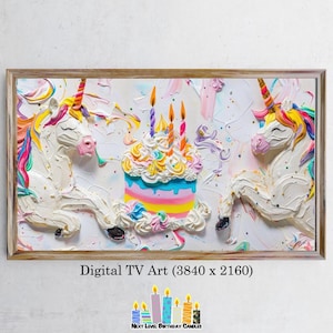 May include: A digital painting of two white unicorns with rainbow manes and tails, standing on either side of a colorful birthday cake with lit candles. The cake is decorated with frosting and sprinkles. The background is a white canvas with colorful paint splatters.