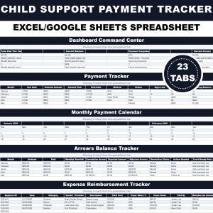 Puede incluir: Una hoja de cálculo titulada "Child Support Payment Tracker" con secciones de panel, seguimiento de pagos, calendario mensual, seguimiento de saldos de atrasos y reembolso de gastos. Un gráfico circular muestra "23 TABS".