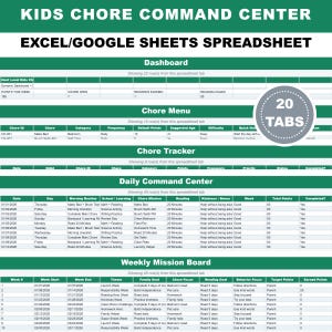 以下が含まれることがあります： 「KIDS CHORE COMMAND CENTER」というタイトルのデジタルスプレッドシート。ダッシュボード、タスクメニュー、タスクトラッカー、デイリーコマンドセンター、ウィークリーミッションボードのセクションがあります。このスプレッドシートは、子供たちのタスクと報酬を追跡するように設計されています。